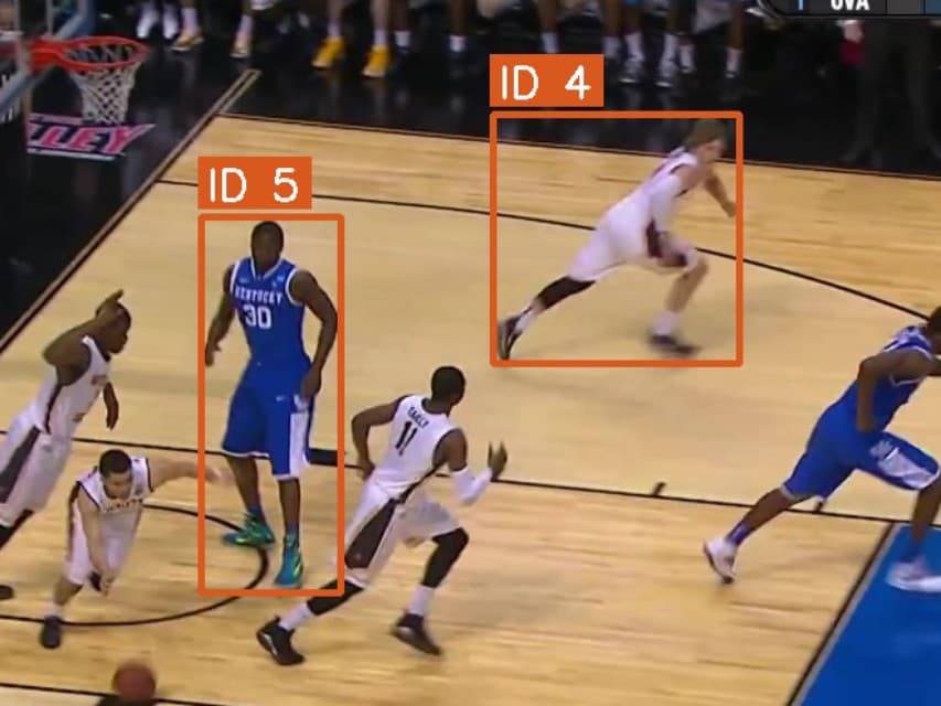 After the occlusion, ID 4 is on number 31 and ID 5 is on an opponent