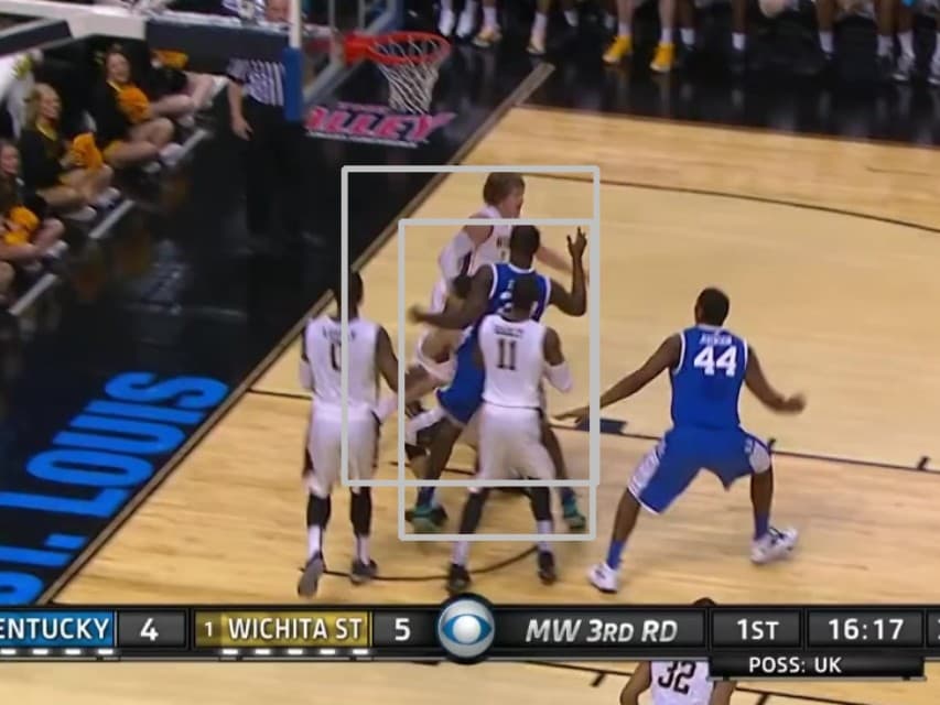 Six players converging under the basket, bounding boxes overlapping